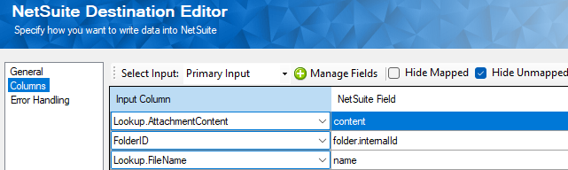 NetSuite File object column mappings